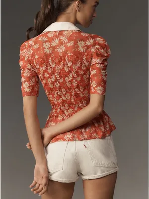 Anthropologie Maeve Short-Sleeve Smocked Polo Top thumbnail 2
