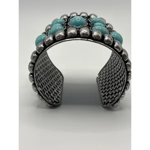 Boho Silver Tone Tuquioise Blue Cabochon Rhinestone Cuff‎ Bracelet Chunky thumbnail 5