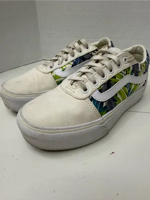 Vans Low Top Canvas Sneakers - White with Green Blue Floral size 6.5 thumbnail 2