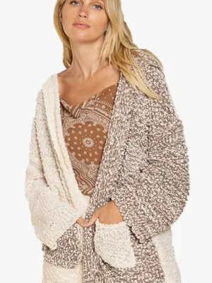 O POL Two-Tone Bouclé Open Cardigan in Cream & Brown Small thumbnail 1