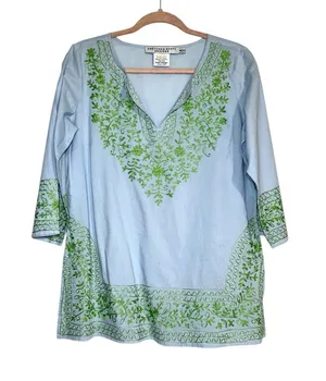 Gretchen Scott Designs 3/4 Sleeve Sky Blue Green Embroidered Tunic MEDIUM thumbnail 1