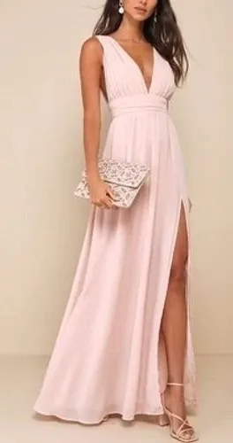 Lulus Heavenly Hues Maxi Dress Women's Medium Blush Pleated V-Neck Front Slit thumbnail 1