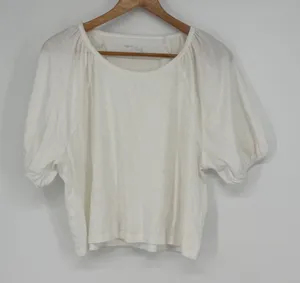 Aerie White Gathered‎ Sleeve Crew Neck T Shirt Top M Cropped Boxy Cottage Tee thumbnail 1