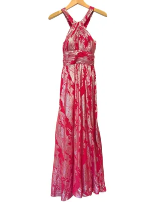 Aidan Mattox Pink Silk Silver Metallic Halter Gown Size 4 thumbnail 2