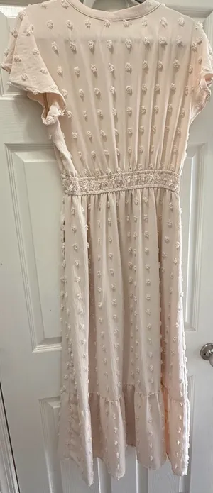 MEROKEETY Swiss Dot Maxi Dress Size M Pink Ruffle Flutter Sleeve V-Neck thumbnail 4