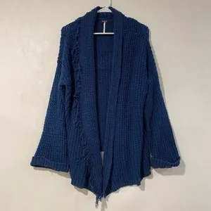 Free People Navy Chunky Knit Fringe Cardigan Oversized Boho Sweater thumbnail 2