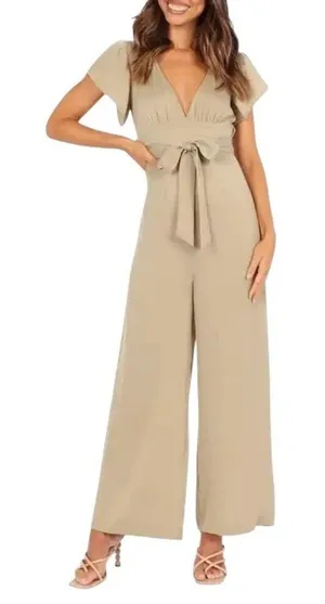 Petal & Pup Orin Wide Leg Jumpsuit Beige Size 8 NWT Neutral Coastal Boho Wedding thumbnail 1