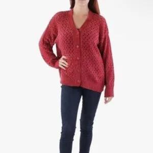 BCBGMAXAZRIA Women's Relaxed Open Knit Red‎ Chenille Cardigan Button Sweater thumbnail 6