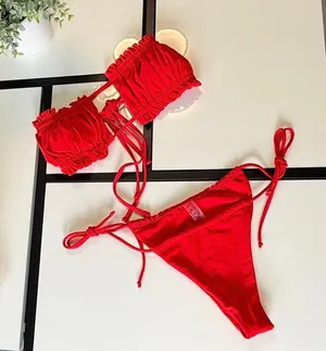 Red Boho Style Ruched Crop Top Bikini Set - Adjustable Straps - Size Small thumbnail 2