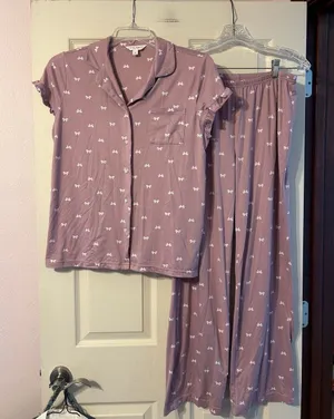 Laura Ashley Mauve Bow-Print Short Sleeve Pajama Set Medium thumbnail 1