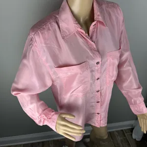 Vintage 100% Silk Blouse Button Down‎ Light Pink Sz Medium 90's Shoulder Pads thumbnail 15