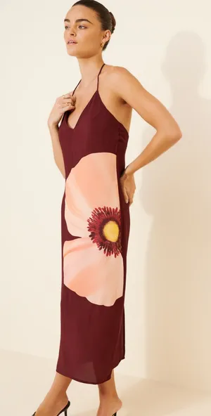 Anthropologie Astoria Halter Midi Slip Dress with Large Floral Print in Burgundy thumbnail 1