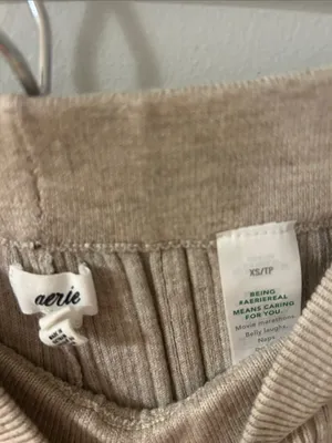 aerie Wide-Leg Ribbed Knit Pants in Beige thumbnail 3