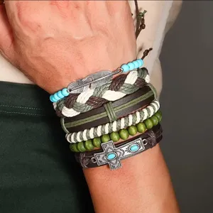 Bohemian Faux Leather Bracelet Set Cross‎ & Feather Charms Adjustable Handwoven thumbnail 3