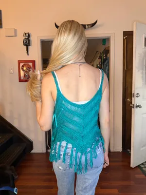 Teal Boho Fringe Top Blue Size M thumbnail 3