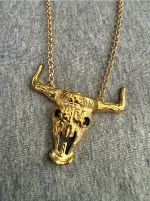 Gold Bull Skull Pendant Necklace thumbnail 3