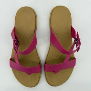 Crocs Tulum Toe Post Sandal Flip Flop Fuchsia Pink Tan Women 7 Buckle Straps thumbnail 4