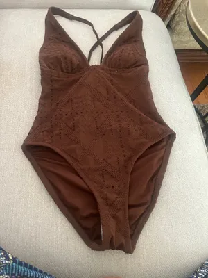 Women's Crochet Plunge High Leg Medium Coverage One Piece Swimsuit Shade & Shore Brown thumbnail 3