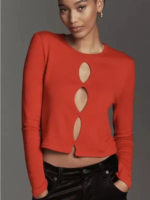 Anthropologie Twisted Cut-Out Sweater Red Knit Viscose Keyhole Long Sleeve Top thumbnail 8
