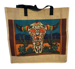 Jute Tote‎ Bag Day of the Dead Skull Cactus Desert Southwestern thumbnail 1