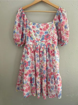 Altar'd State Pink Blue Floral Square-Neck Puff Sleeve Mini Dress High Tea XL thumbnail 2