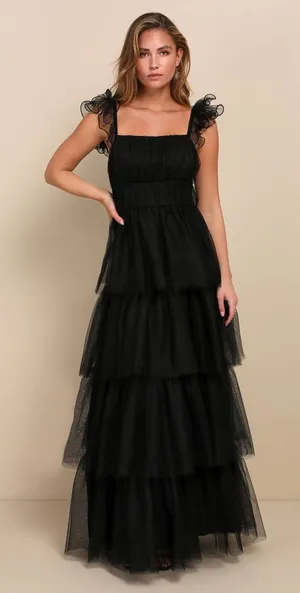 NWT Lulus Tulle For Love Black Mesh Tulle Tiered Ruffled Maxi Dress Wedding XXL thumbnail 1