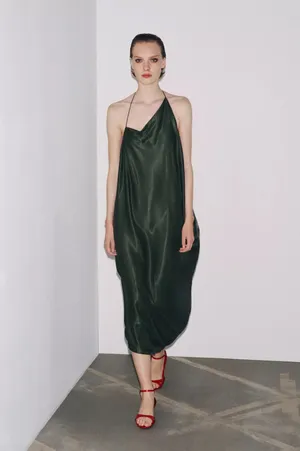 Zara Elegant Green One-Shoulder asymmetric maxi Dress evening party thumbnail 16