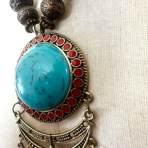 Turquoise blue and brown boho pendant necklace thumbnail 2
