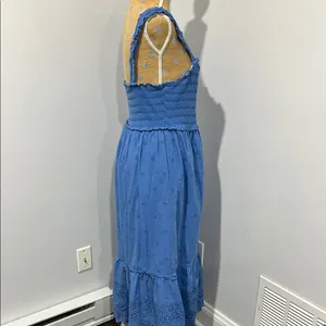 Betsey Johnson Federal Blue Smocked Embroidered Eyelet Midi Dress Sz Large thumbnail 7
