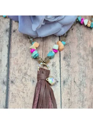 Handmade Bohemian Style Beaded Necklace Colorful Stone & Brown Leather Tassel Pendant 32" thumbnail 3