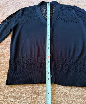 Black Lace Openwork Knit Cardigan 3/4 Sleeve Button Front Fitted Sweater thumbnail 2