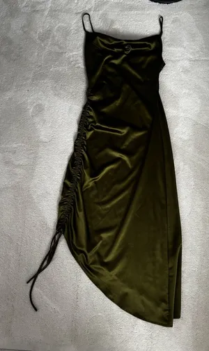 Olive Green High-Low Slip Dress with Side Ruching thumbnail 1