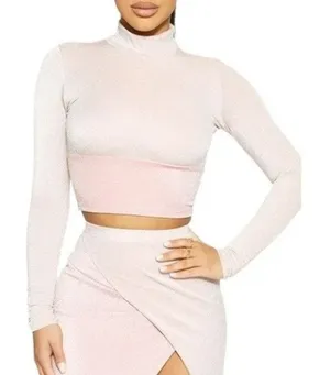 NWT Naked Wardrobe On the Glow‎ Long Sleeve Turtleneck Crop Top in Pink thumbnail 1