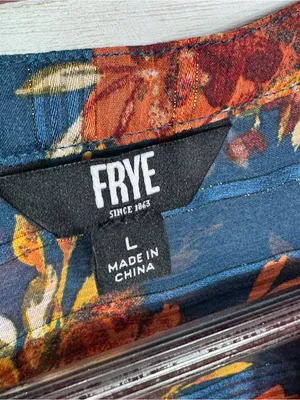 Frye Floral Metallic Jacquard Sheer Blouse Teal Blue Burnt Orange Large Boho thumbnail 9