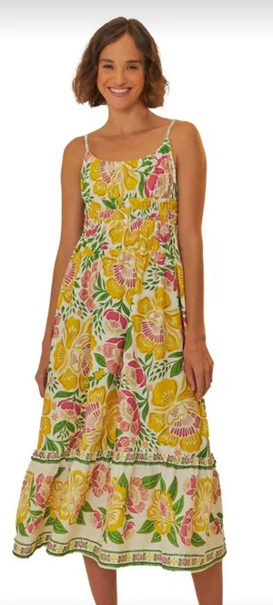 NWT Farm Rio Bella Yellow & White Floral Midi Dress thumbnail 1