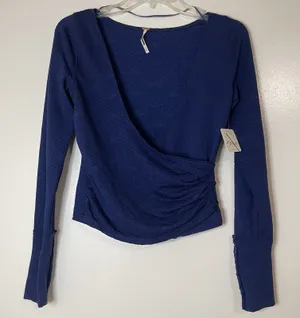 NEW! Free People side cinch long sleeve vneck top in blue size small $98 thumbnail 1
