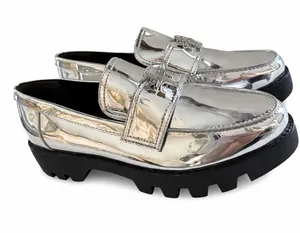 Tory Burch Mirror Metallic Silver Leather Lug Sole Loafers shoes 6 thumbnail 1