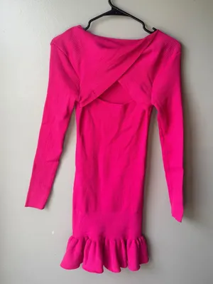 Hot Pink Ribbed Cutout Ruffle Hem Sweater Dress XS thumbnail 1