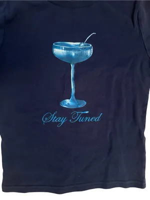 Edikted Navy Blue Cotton Cropped Tee with Shimmering Blue Cocktail Graphic thumbnail 2