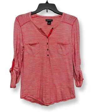 Lucky Brand Womens Henley Shirt RedWhite Stripe Roll Tab Sleeve Pockets S thumbnail 1