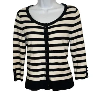 WHITE HOUSE‎ BLACK MARKET Black/White Striped Snap Front 3/4 Sleeve Cardigan S thumbnail 2