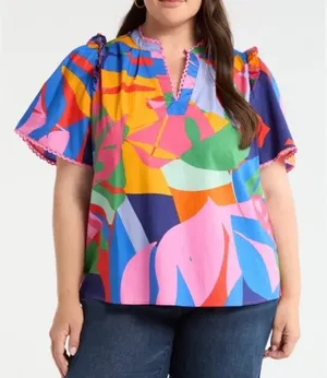 Sugarlips Abstract Floral Blouse Women XL Multicolor Flutter Sleeve Crochet Trim thumbnail 1