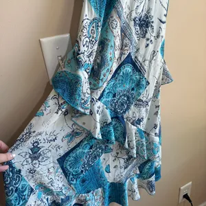 Vintage blue white adjustable knot straps midi tiered fairy dress women's size M thumbnail 2