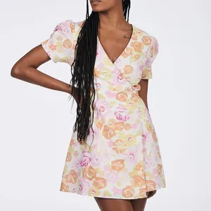 Charlie Holiday Calile Floral Wrap Mini Dress Linen Puff Sleeve Cottagecore thumbnail 4