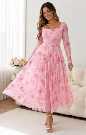 Blush Pink Floral Long-Sleeve Midi Dress with Square Neck Size L thumbnail 1
