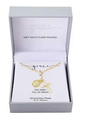 Gratitude & Grace 14k Gold Plated Virgin Mary Charm & Cross Pendant Necklace thumbnail 1