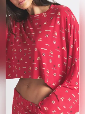 NWT SKIMS Soft Modal Blend Pajama Set Cranberry Vintage Deer Print thumbnail 4