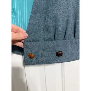 Vintage Wrap Front Cropped Vest Slate Blue Teal Pinstripe Lining Woven Buttons thumbnail 4