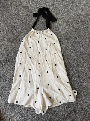Polka Dot Halter Linen-Blend Romper Black & Cream thumbnail 1