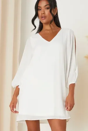 Lulus Beige Long Sleeve Slit Shift Mini Dress V-Neck Pullover M thumbnail 1